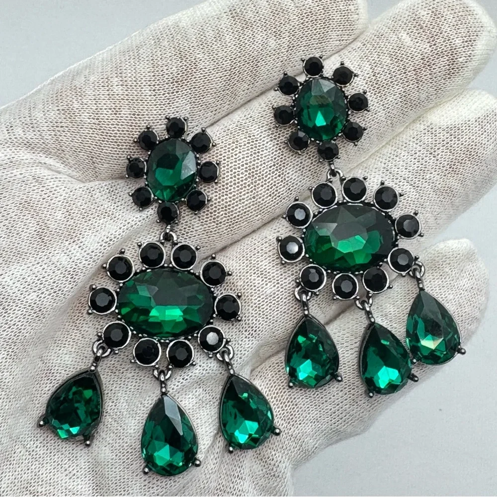 Emerald Green Crystal Chandelier Earrings Black Tone Statement Bold Goth
